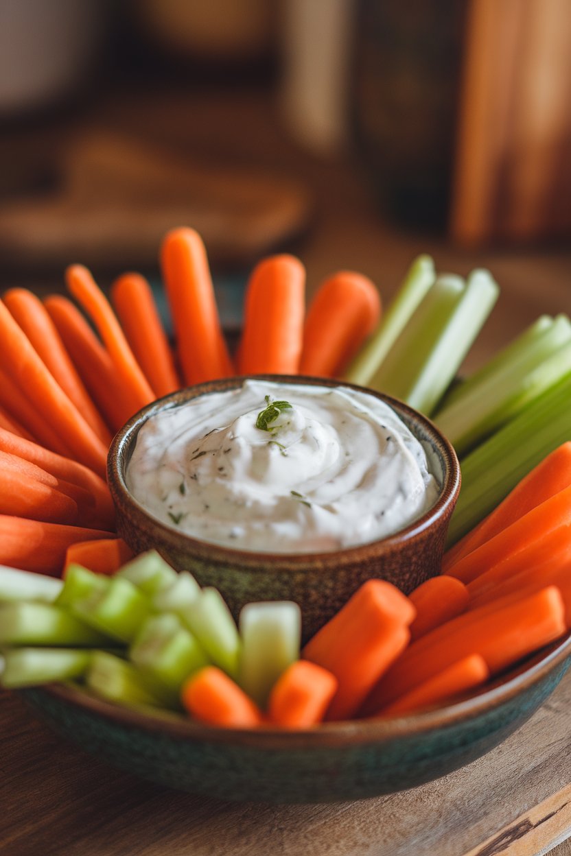 Indoor photo of a small bowl of creamy ranch dip made with Greek yogurt, surrounded by carrot and celery sticks. No text or logos.