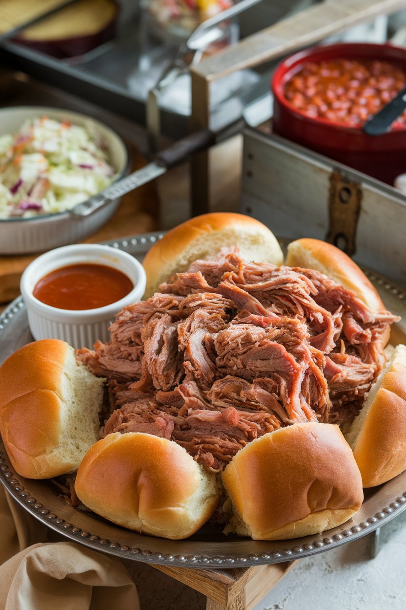 A rustic indoor buffet with a platter of shredded pulled pork piled onto soft brioche buns, a ramekin of tangy barbecue sauce nearby; photo only, no logos or text.