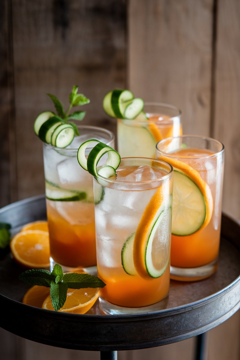 Indoor bar tray with tall glasses of Pimm’s Cup garnished with cucumber ribbons and citrus wheels, ice cubes glistening. Photo, no text or logos.