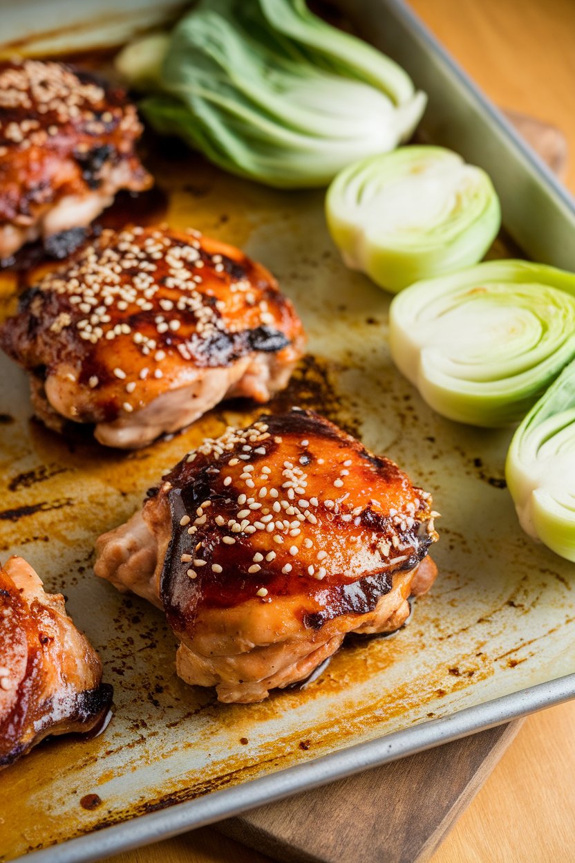 Indoor photo of soy-glazed chicken thighs sprinkled with sesame seeds, halved baby bok choy nestled beside on a sheet pan, gentle char marks present. No text or logos.