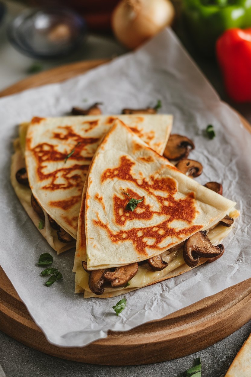 Indoor shot of Swiss cheese and sautéed mushroom quesadillas on parchment, lightly browned, no text or logos.