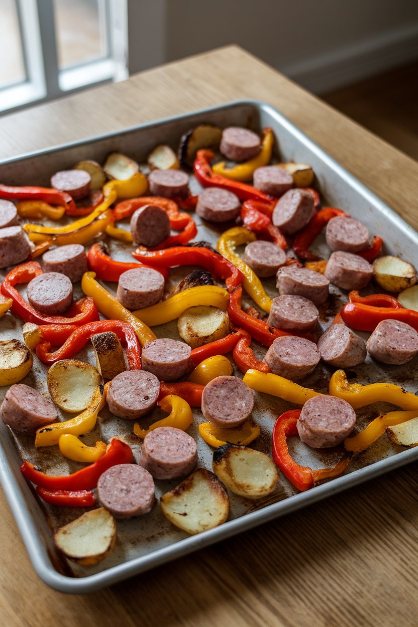 A sheet pan on a wooden table indoors with sliced Italian sausages, colorful bell peppers, and crispy potato chunks, all lightly charred. No text or logos present.