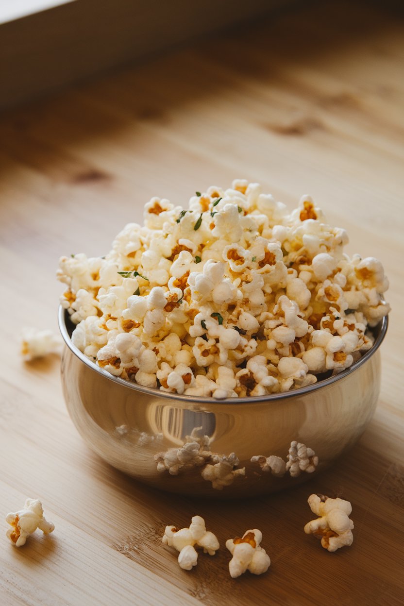 Indoor photo of a metal bowl filled with seasoned popcorn flecked with green herbs. No logos anywhere.