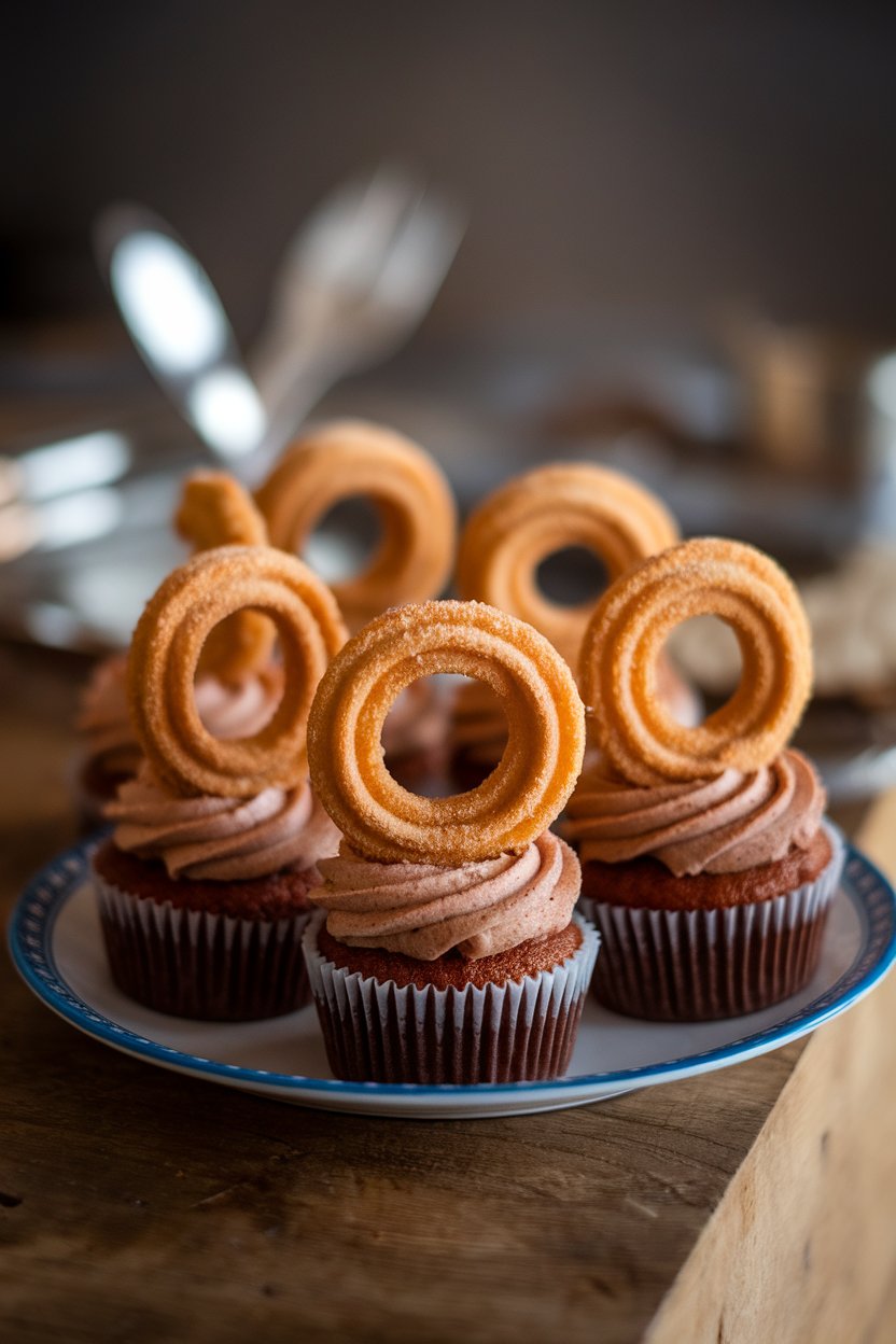 Indoor photo of cinnamon-sugar dipped cupcakes with mini churro ring on top, no text or logos