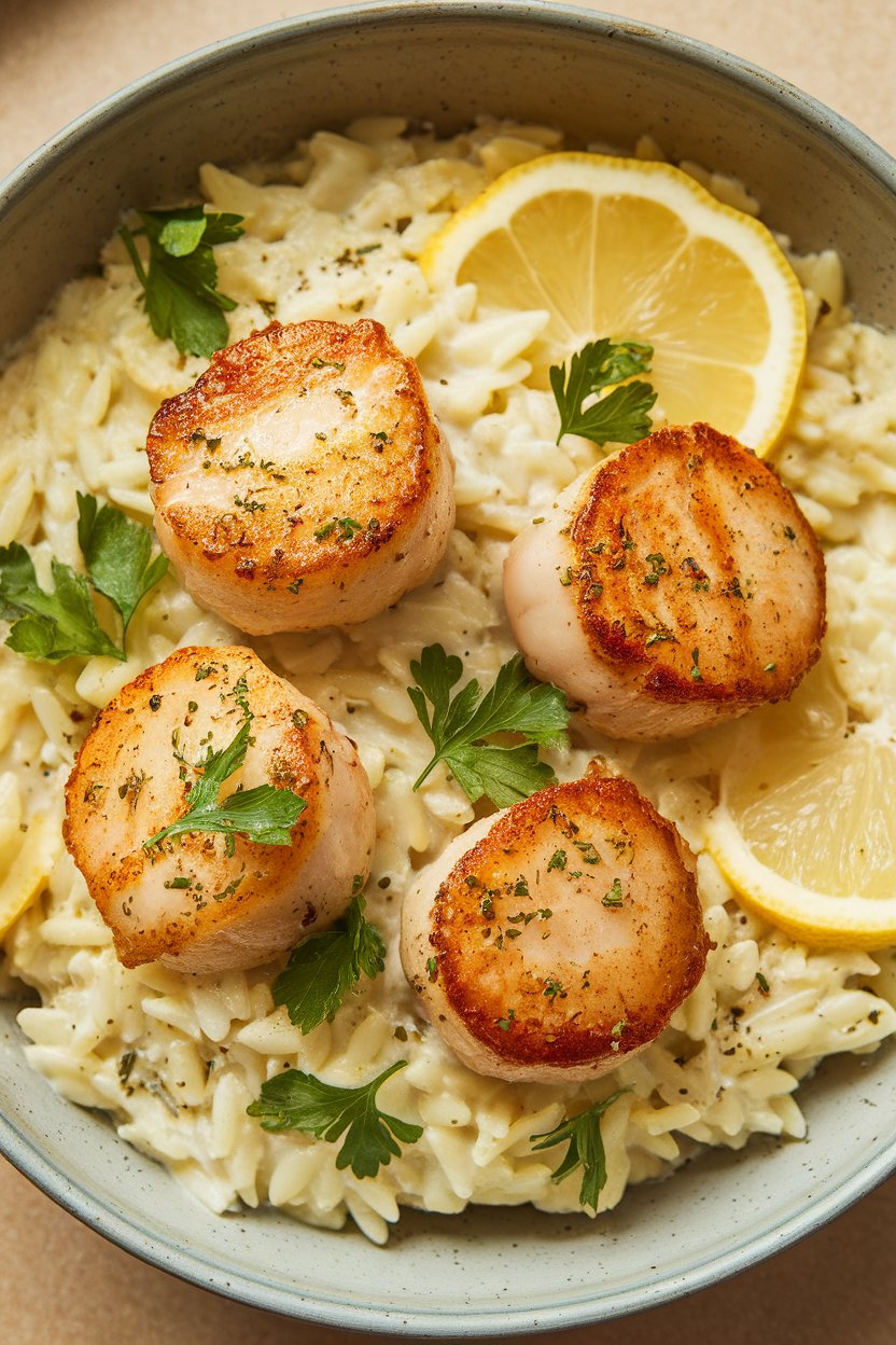 Indoor photo of pan-seared scallops sitting atop creamy lemon orzo, garnished with parsley, shallow bowl placement, no text or logos