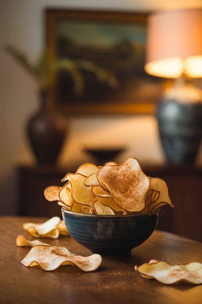 Indoor photo of a bowl filled with thin, crisp cinnamon-dusted apple chips, a few scattered on a wooden table. No logos or text.
