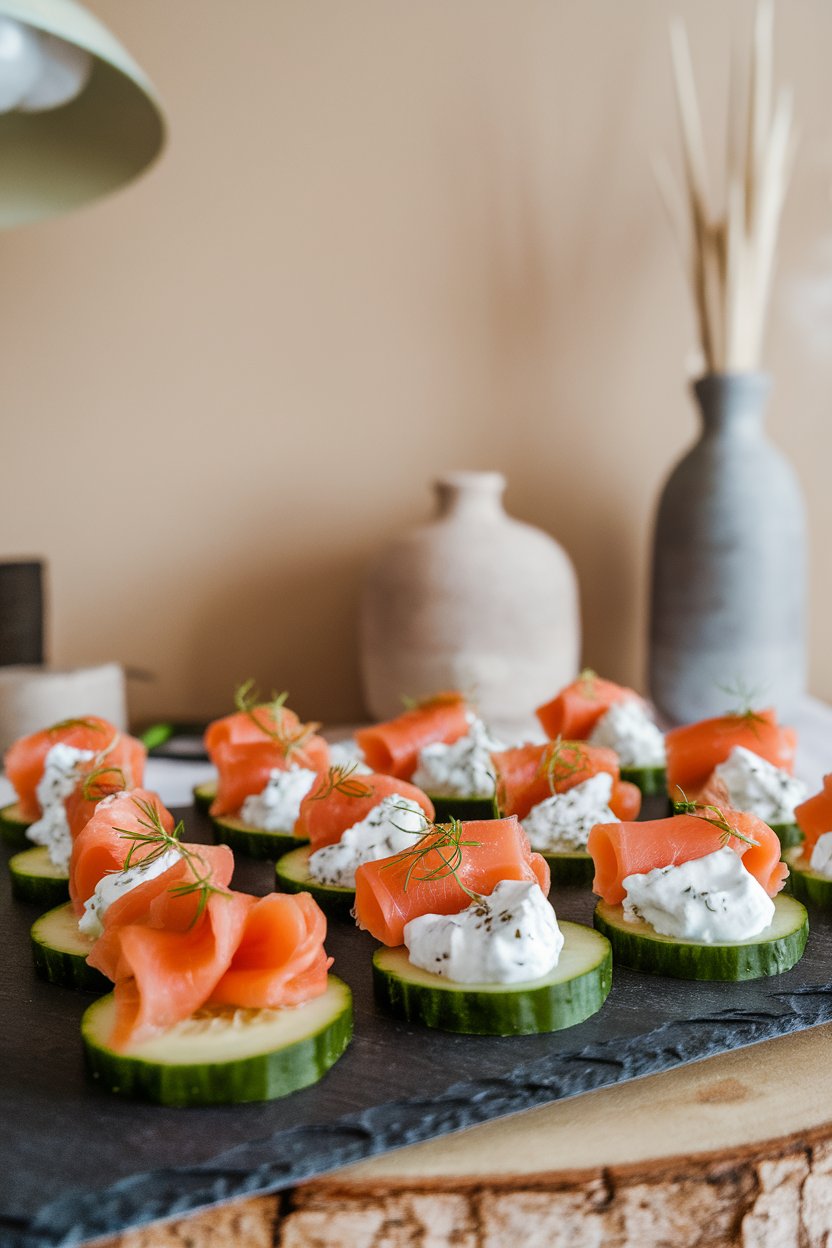 Photo of cucumber slices topped with smoked salmon ribbons and a dollop of herbed Greek yogurt, arrayed on a slate platter indoors. No text or logos.