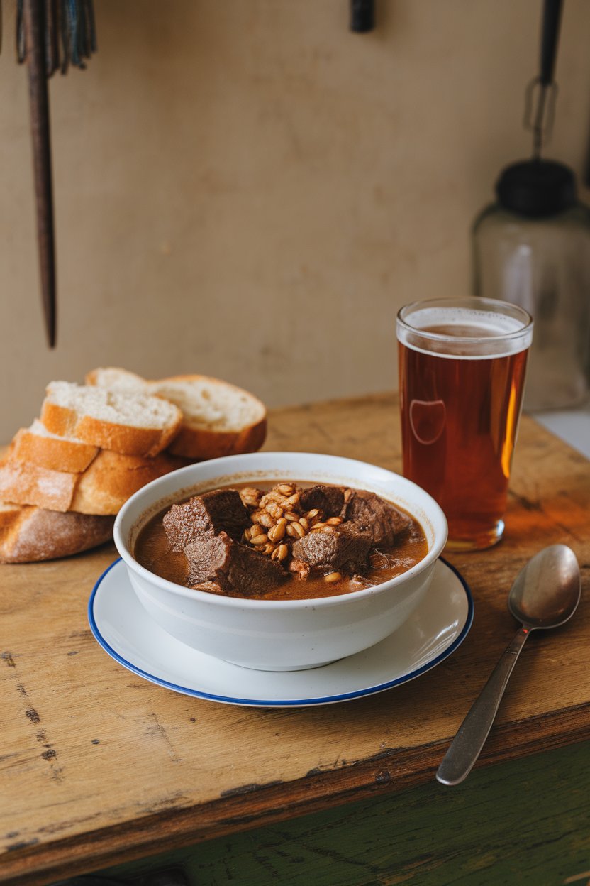 Indoor rustic table with a bowl of beef stew studded with barley grains, set beside a plain pint glass of amber ale (no logos). Photo.