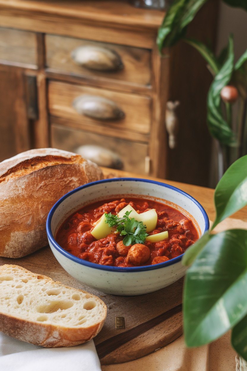 A cozy indoor table with a bowl of bratwurst chili featuring visible apple chunks, topped with a sprinkle of parsley. No text or logos.