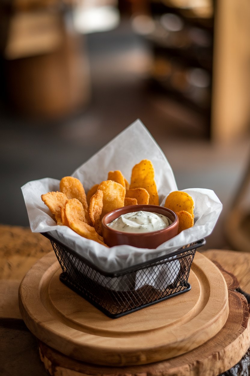 Indoor photo of a parchment-lined basket of crispy fried pickle chips with ranch dip. No text or logos.