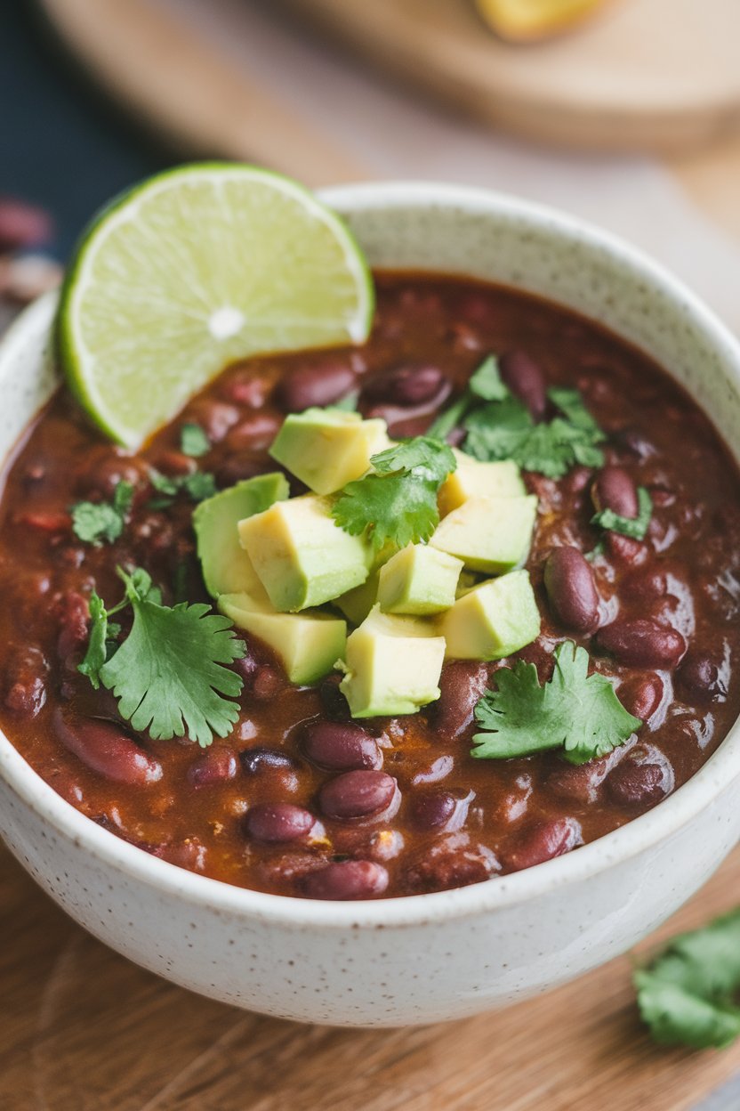 Indoor soup bowl filled with thick black bean soup, garnished with diced avocado and cilantro, lime wedge on rim. No text or logos. Photo only.