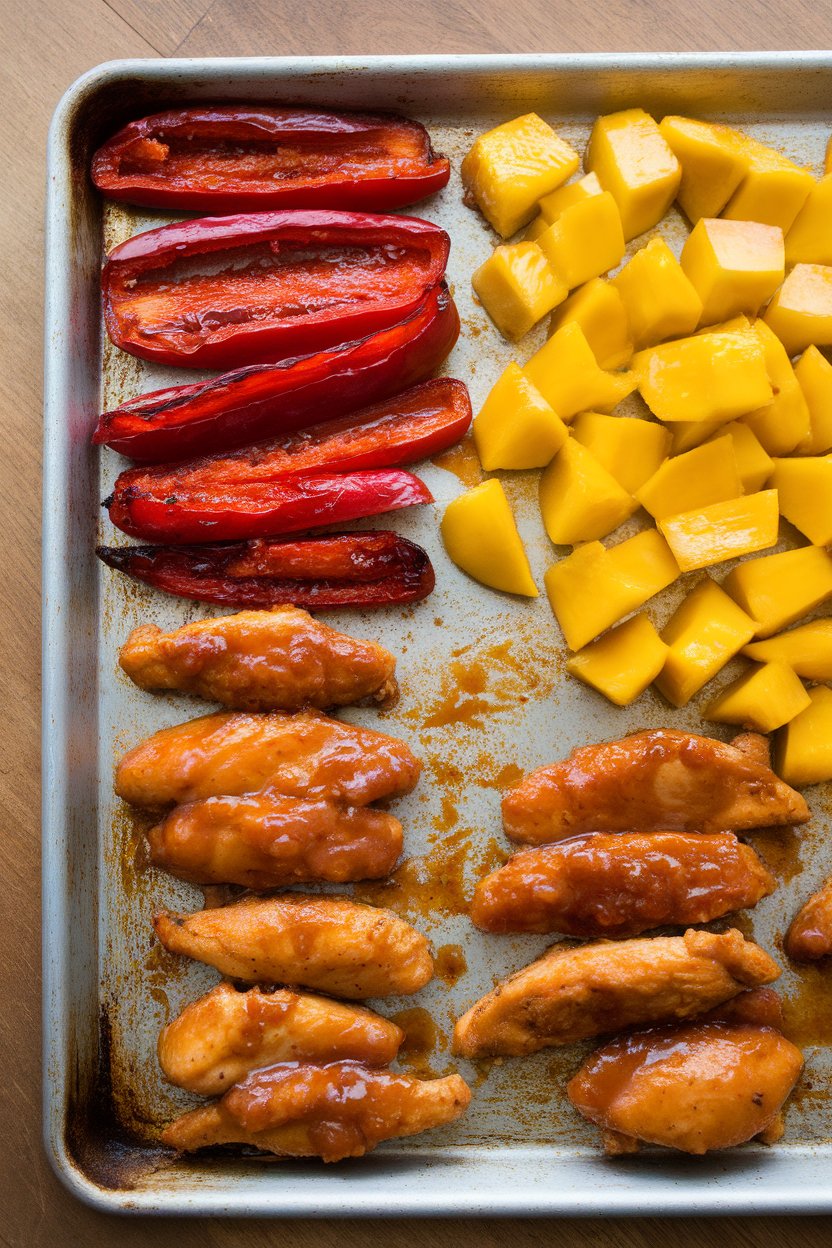 Indoor photo of glazed chicken strips, roasted red bell pepper, and golden mango chunks on a sheet pan. No text or logos.