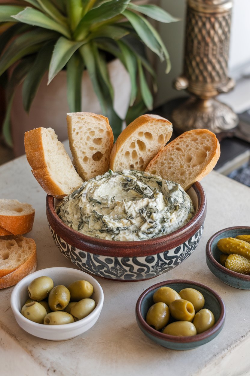 An indoor coffee table setup with a ceramic bowl of creamy spinach artichoke dip and sliced baguette rounds, soft lighting, no text or logos in frame.