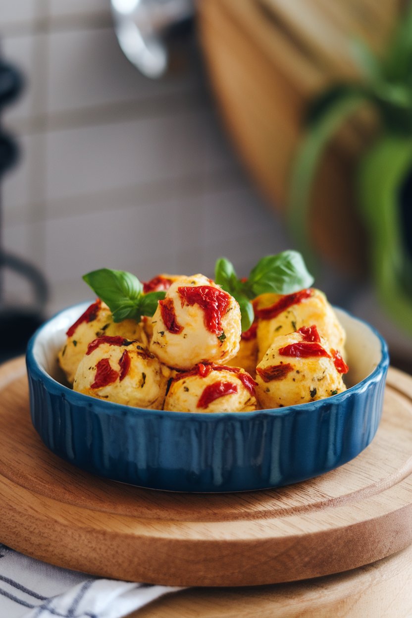 Indoor ceramic dish showing egg bites with red sun-dried tomato flecks and basil, no logos.