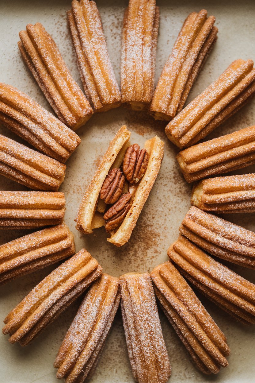 Indoor photo of churros coated in cinnamon sugar, one broken open to reveal pecan praline filling, set on a paper-lined tray. No text or logos.