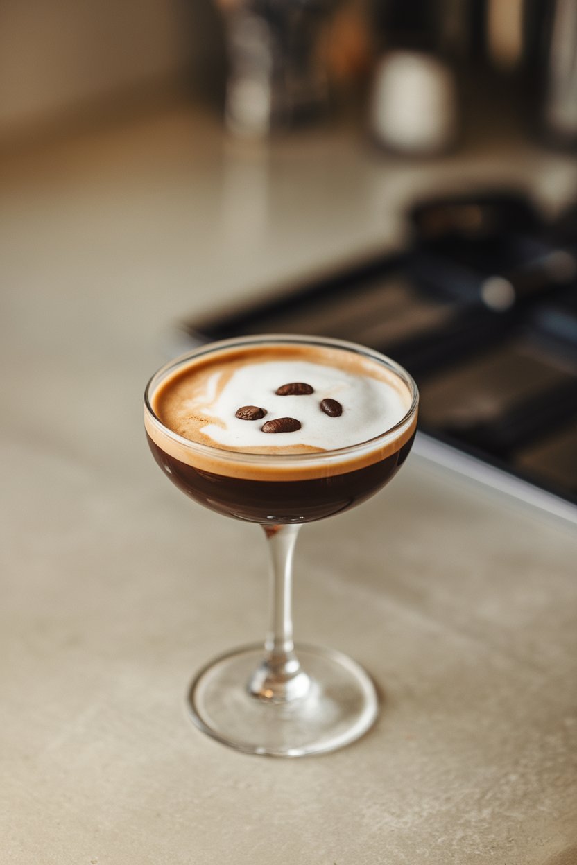 An indoor countertop with a coupe glass holding a dark espresso martini, three coffee beans floating on the crema, no logos or text. Photo only.