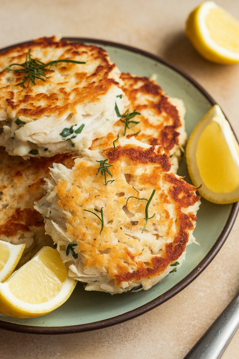 Indoor photo of pan-seared fish cakes made with flaky cooked white fish, resting on a plate with lemon wedges; no text or logos