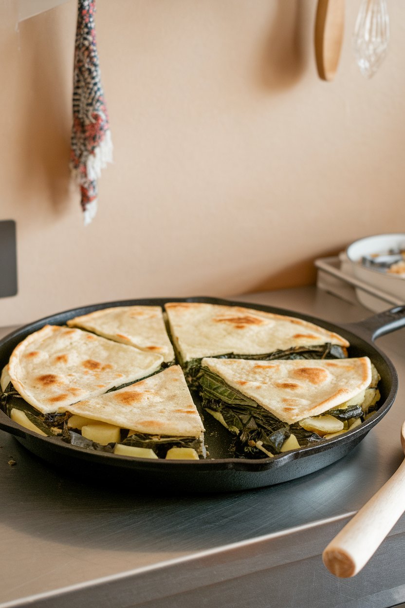 A round skillet tortilla sliced into wedges on an indoor counter, layers of potato and green chard visible. No text or logos. Photo.