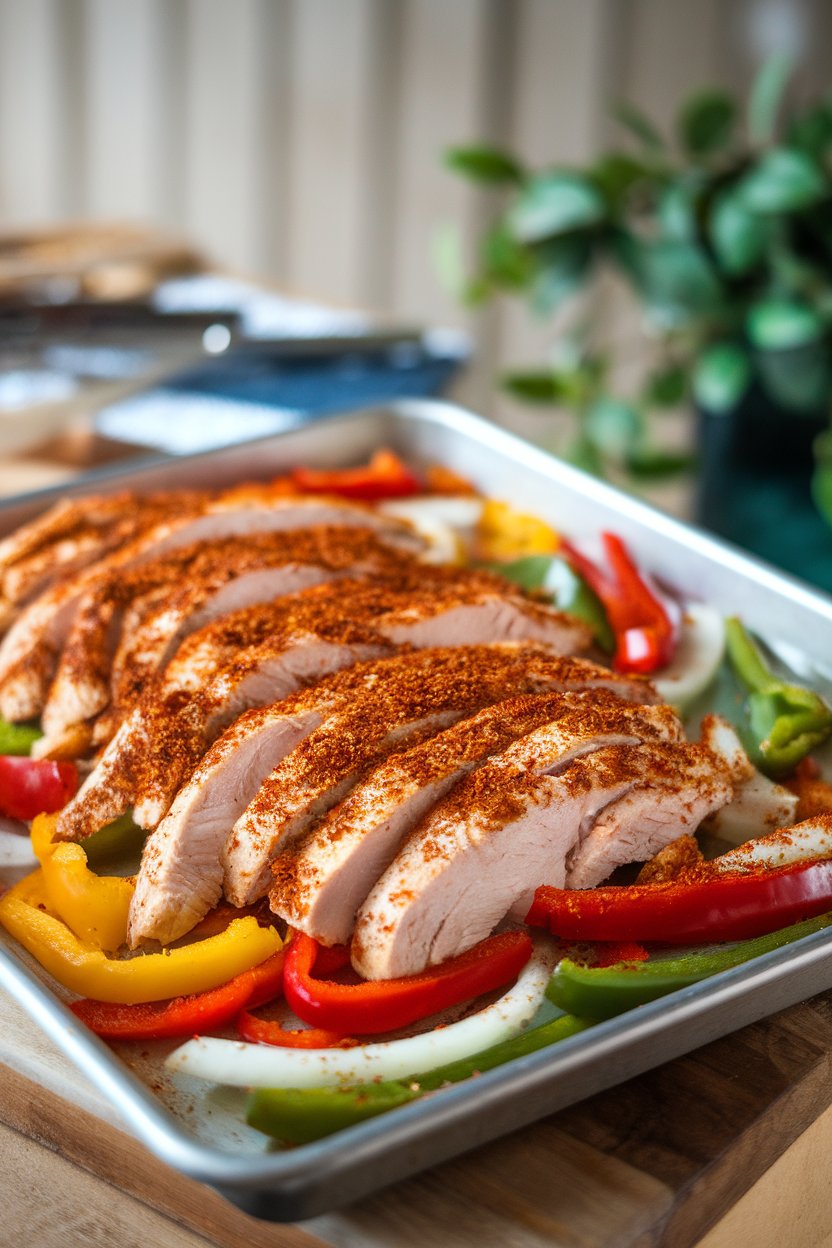 An indoor sheet pan loaded with sliced chicken, bell peppers, and onions, dusted with fajita seasoning, photographed overhead—no text or logos. Photo, not illustration.