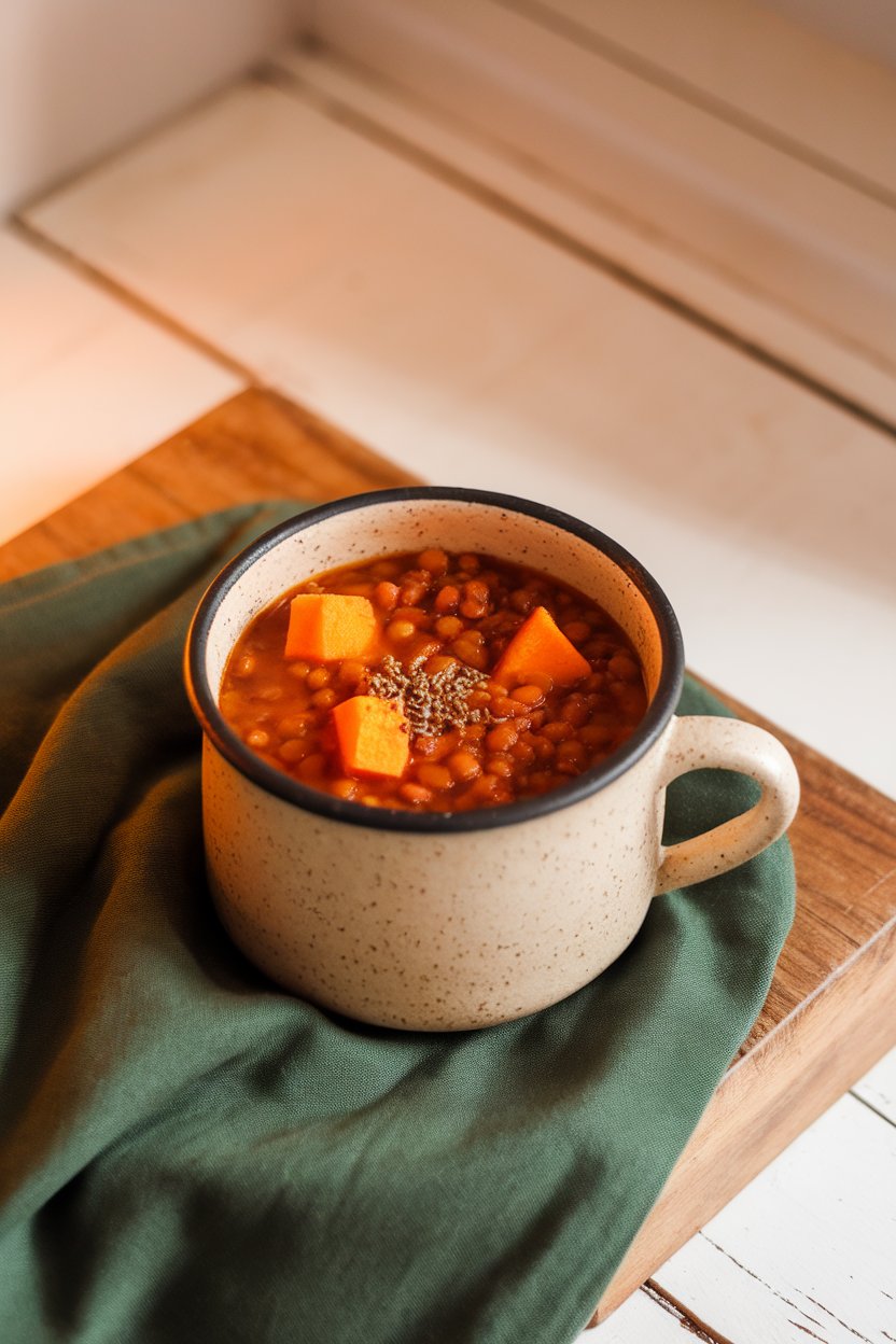 An indoor soup mug with reddish lentil soup, sweet potato bites, and a sprinkle of cumin seeds. No text or logos.