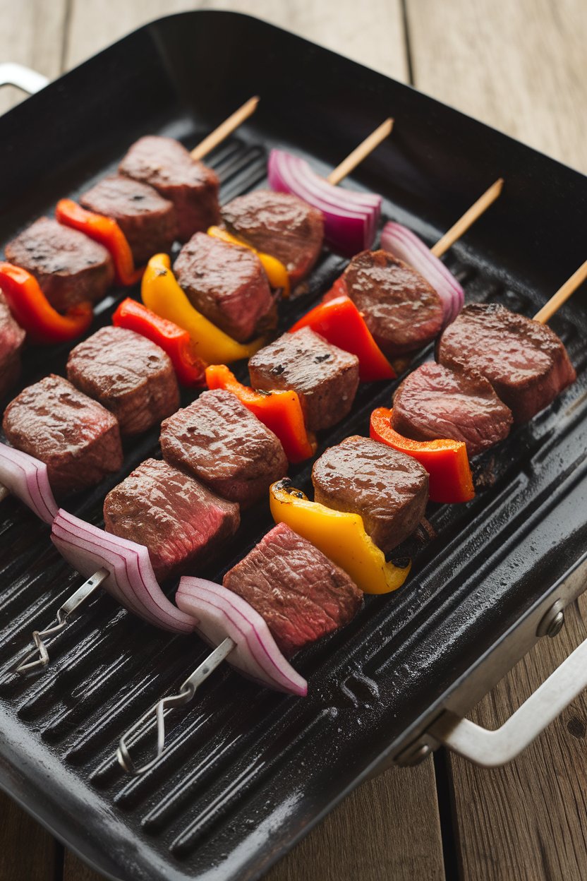An indoor grill pan holding skewers of marinated steak cubes, bell pepper chunks, and red onion, lightly charred. No text or logos. Photo, not illustration.
