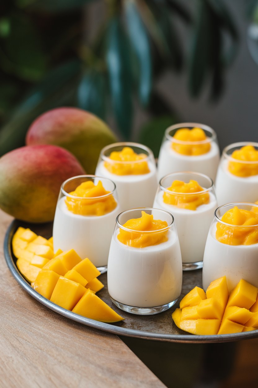 Indoor tray of mini glasses showing white coconut panna cotta topped with bright mango purée. No text or logos; photo, not illustration.