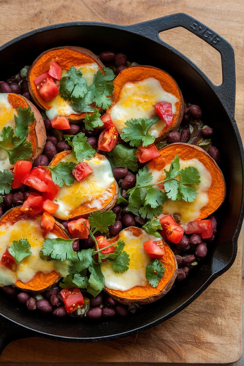 Indoor photo of a cast-iron skillet layered with roasted sweet potato rounds, black beans, melted pepper jack, and diced tomatoes, finished with fresh cilantro. No visible logos or text.
