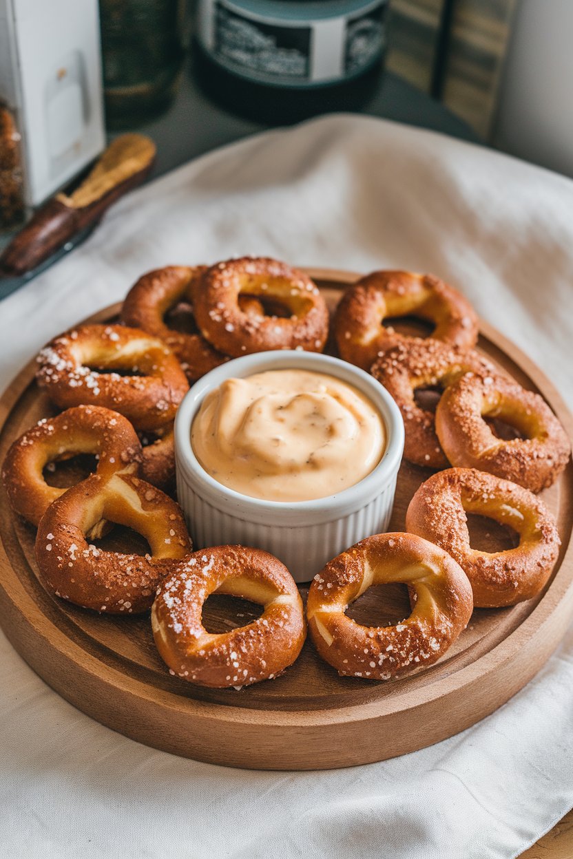 An indoor wooden board holding soft pretzel nuggets sprinkled with coarse salt, a small bowl of creamy beer cheese dip in the center. No text or logos.