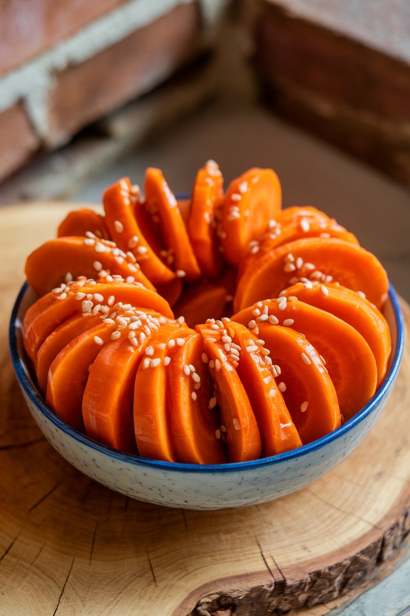 Indoor dish of glazed carrot coins coated in shiny orange-ginger sauce, sesame seeds on top. No text or logos visible.