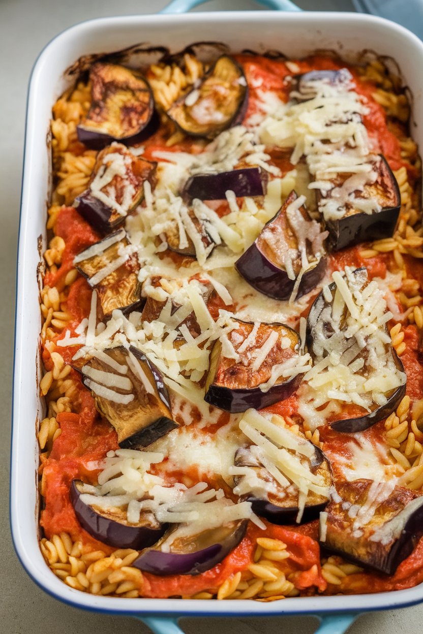 Indoor photo of a casserole dish filled with tomato-coated orzo and roasted eggplant cubes, cheese lightly melted on top. No text or logos.