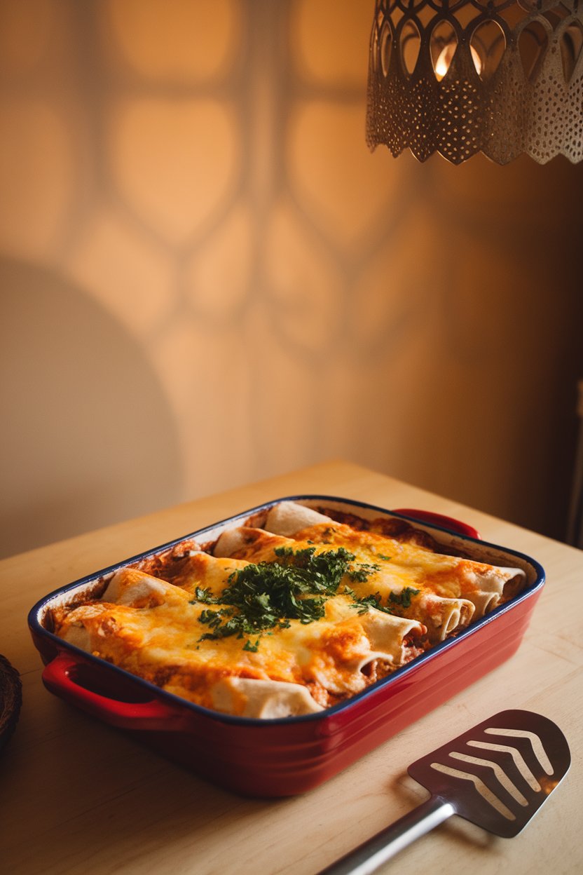 A casserole dish on an indoor dining table, filled with enchiladas topped with bubbly cheese and a sprinkle of chopped cilantro; a serving spatula rests nearby. No text or logos. Photo, not illustration.