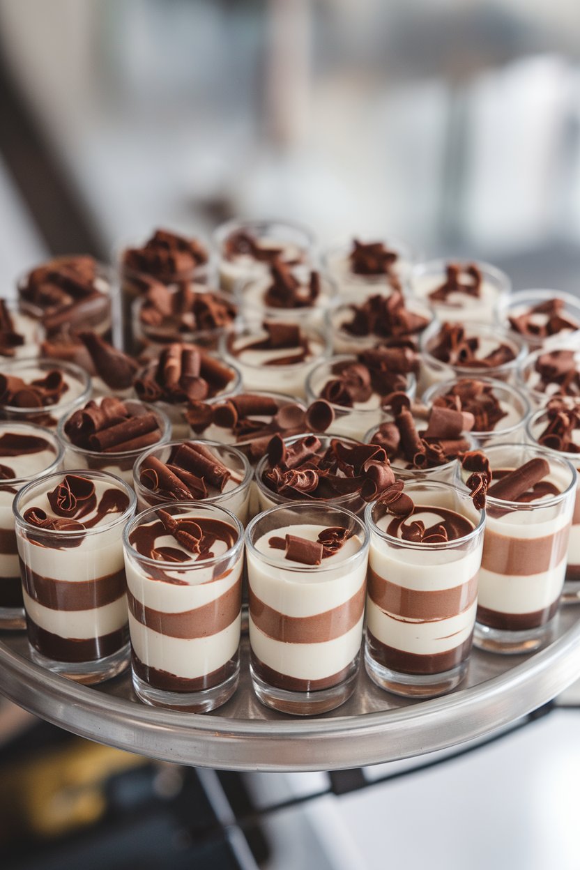 Indoor tray of mini shot glasses filled with dark, milk, and white chocolate mousse layers, garnished with chocolate curls. No text or logos; photo, not illustration.