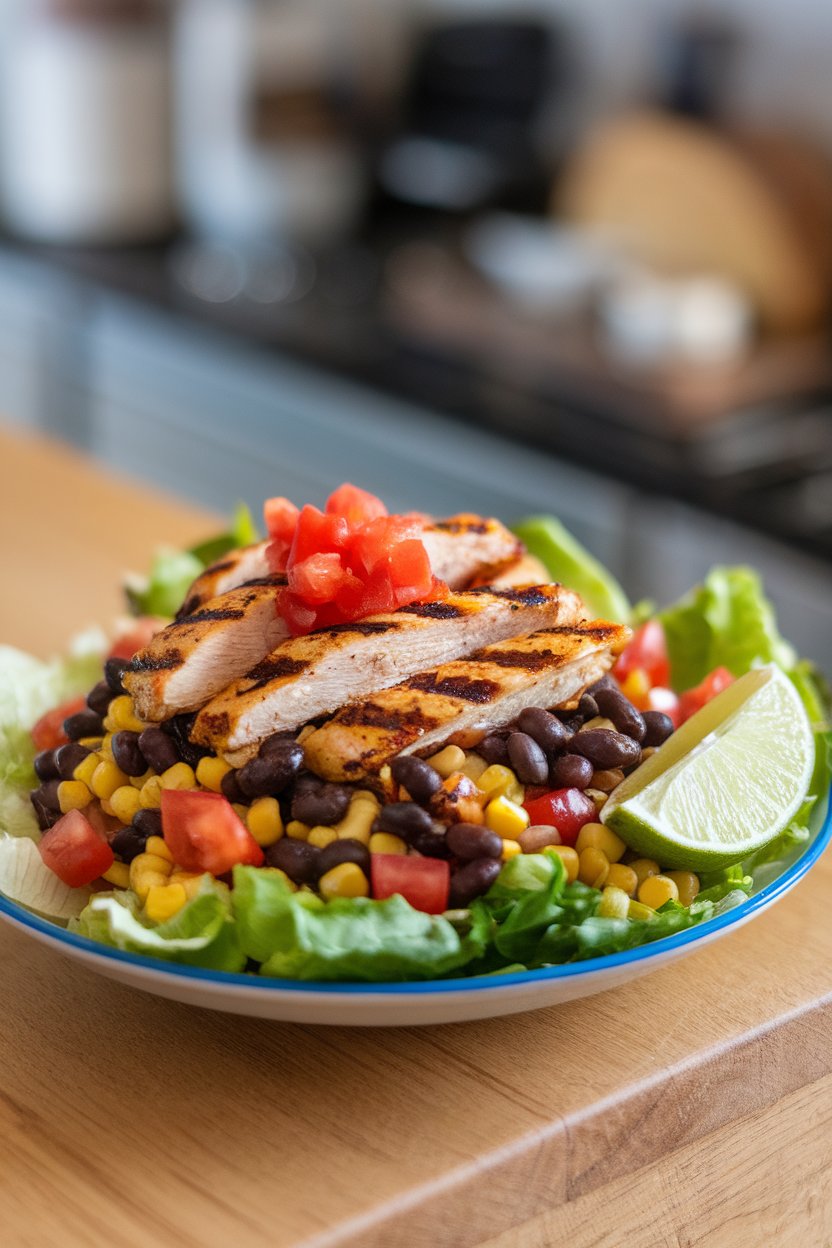 Indoor salad plate with romaine topped by grilled chipotle chicken strips, black beans, corn, diced tomatoes, and a lime wedge. No logos or text present.