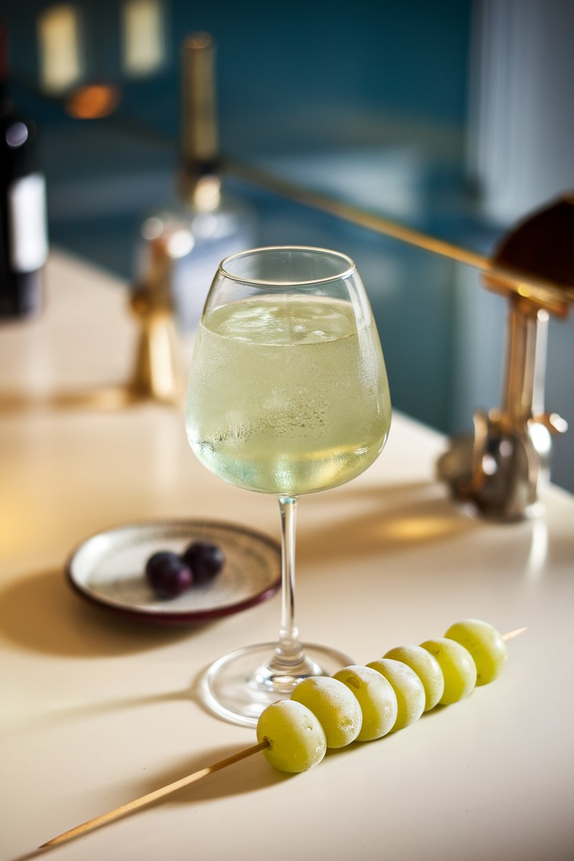 Indoor wine bar with a stemmed glass of pale green spritz, frozen grape skewer. No text or logos.