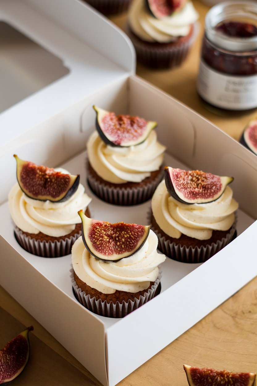 Photo of cupcakes with off-white frosting and sliced fig garnish, indoor, no text or logos