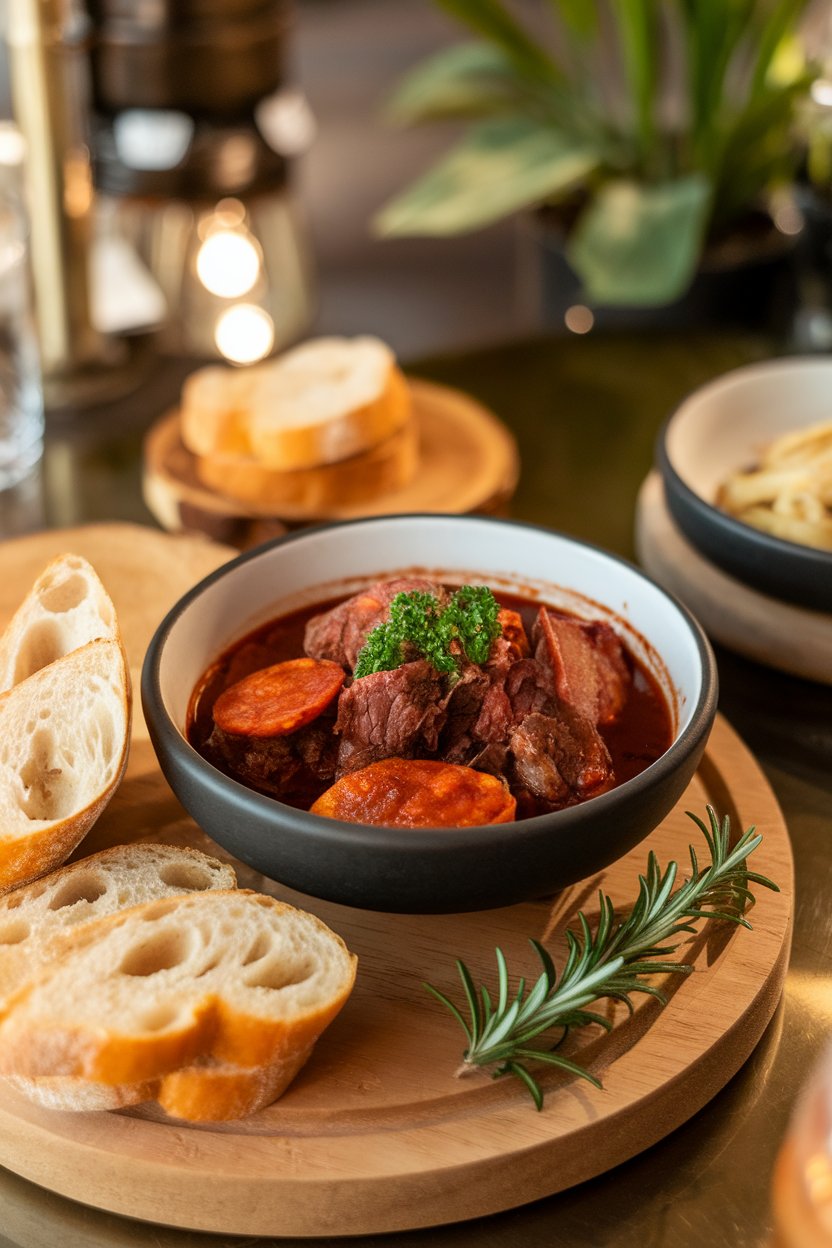 Indoor tapas bar setting with a bowl of beef and chorizo stew stained crimson from Spanish wine, garnished with parsley. No text or logos. Photo.