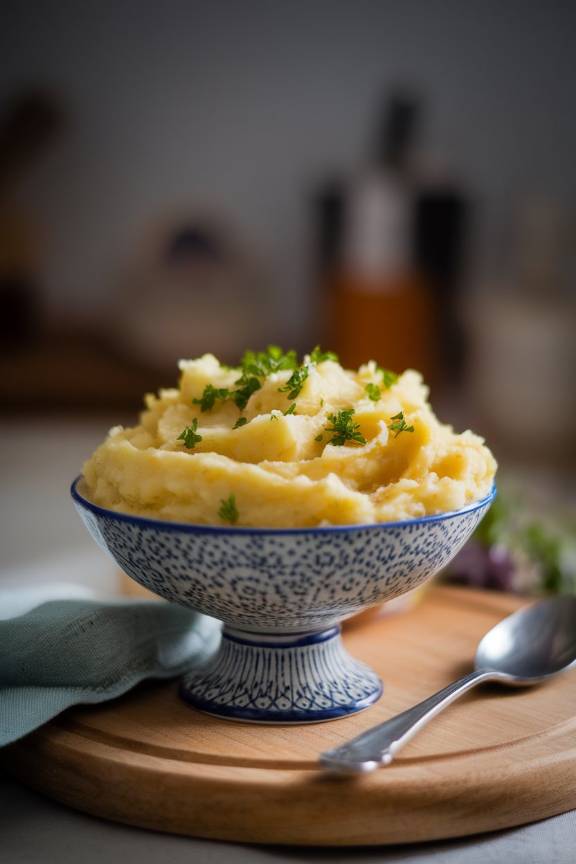 A serving bowl of fluffy mashed potatoes garnished with minced parsley, photographed indoors under soft lighting. No text or logos in frame.