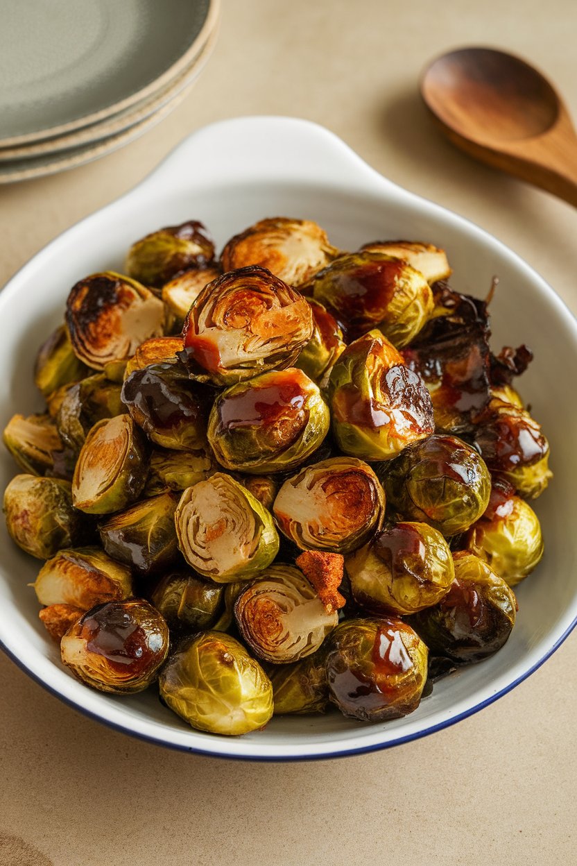 A white serving dish indoors piled high with roasted Brussels sprouts coated in a glossy balsamic glaze. No text or logos present.