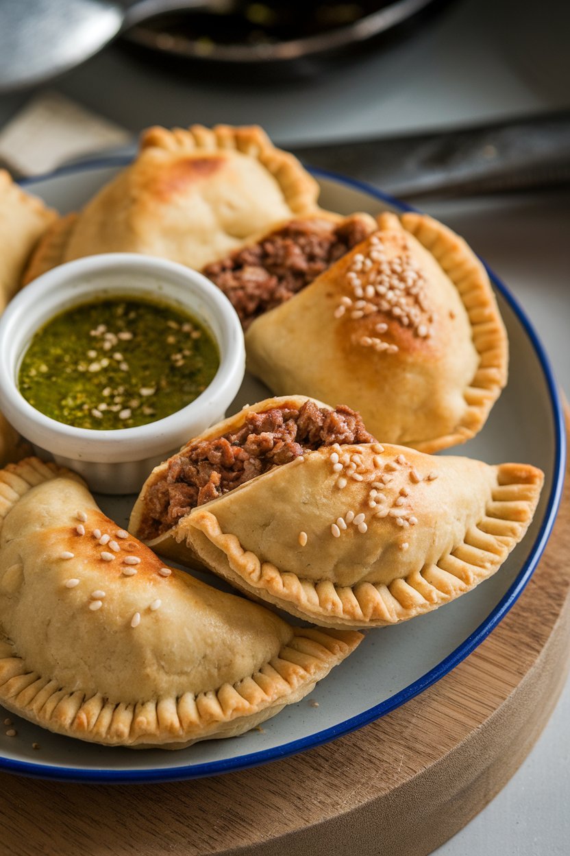 Indoor photo of flaky beef empanadas arranged on a plate with chimichurri for dipping. No text or logos.