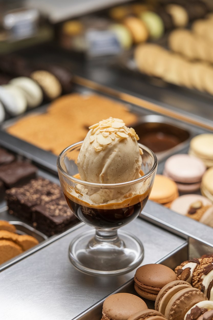 An indoor dessert bar with small glass bowl, scoop of vanilla gelato drowned in dark espresso, almond flakes scattered; photo, not illustration; no text or logos.