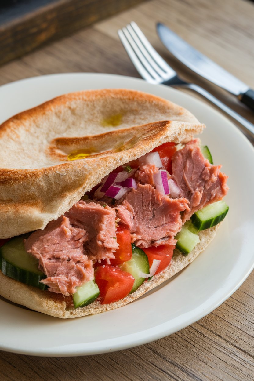 Indoor lunch counter showing a whole-wheat pita stuffed with tuna, diced cucumber, tomato, red onion, and a splash of olive oil. No text or logos visible.