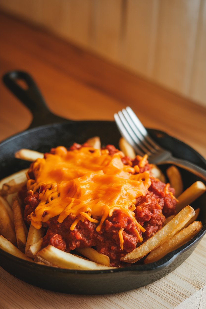 Indoor photo of a cast-iron skillet brimming with crispy fries smothered in chili and melted cheddar, fork resting on the side. No text or logos.