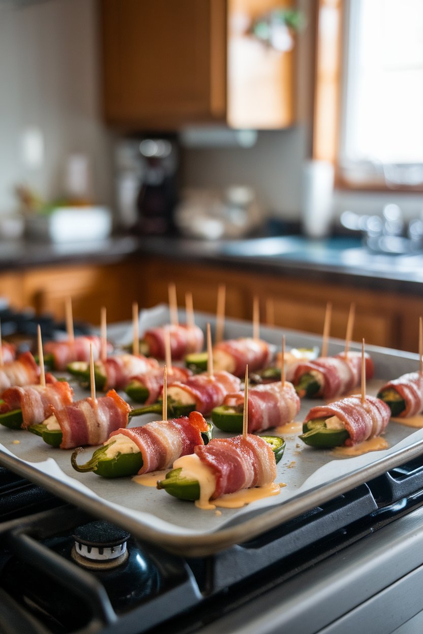 A baking sheet on an indoor stove showing bacon-wrapped jalapeño halves oozing melted cheese, skewered with toothpicks. No text or logos.