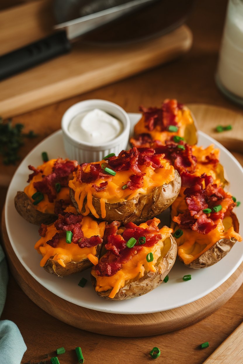 Indoor photo of a white platter piled with crispy baked potato skins topped with melted cheddar, bacon bits, and chopped chives, a ramekin of sour cream nearby. Warm overhead lighting, no text or logos anywhere.