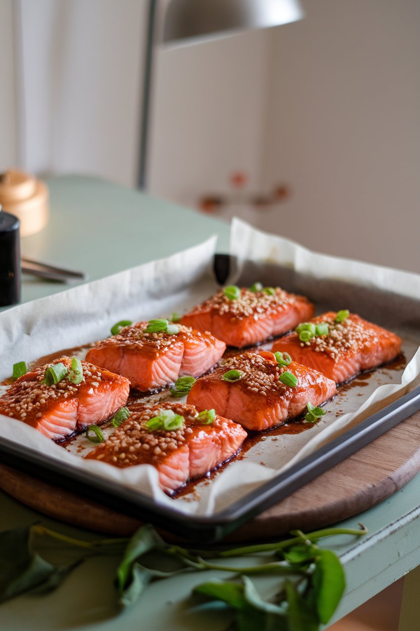 A parchment-lined baking tray on an indoor table with cooked salmon fillets coated in a shiny miso glaze, garnished with sesame seeds and scallions. No raw fish, no text or logos. Photo only.
