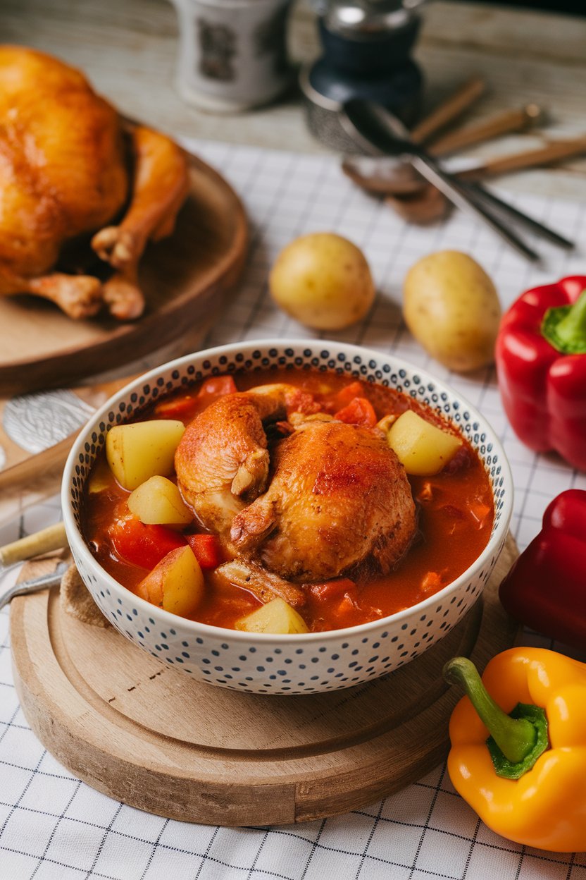 Rustic indoor bowl of red-tinged chicken stew studded with potatoes and bell peppers. No text or image labels.