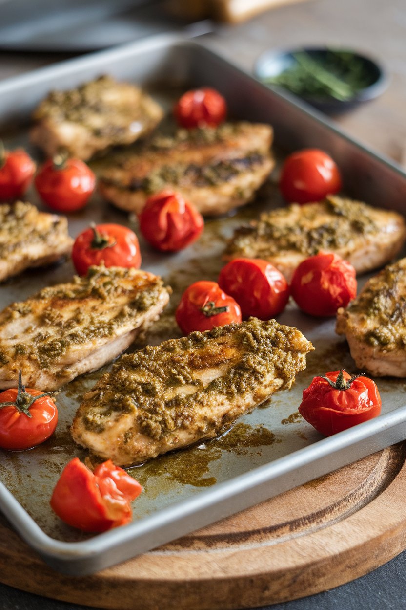 Indoor photo of pesto-coated chicken strips and burst cherry tomatoes on a sheet pan. No text or logos.