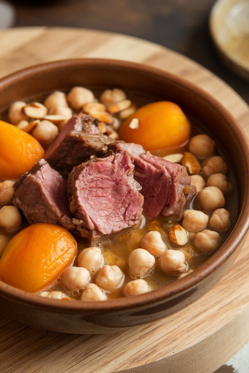 Indoor ceramic bowl of lean lamb chunks, apricots, chickpeas, and almonds in spiced broth. No text or logos present.
