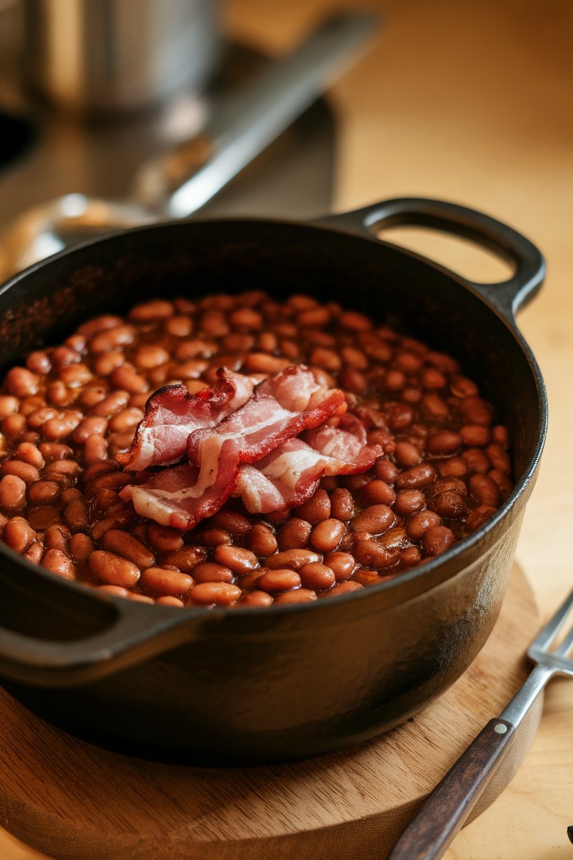 Indoor photo of a cast-iron pot filled with thick baked beans, bacon pieces on top; no text or logos.