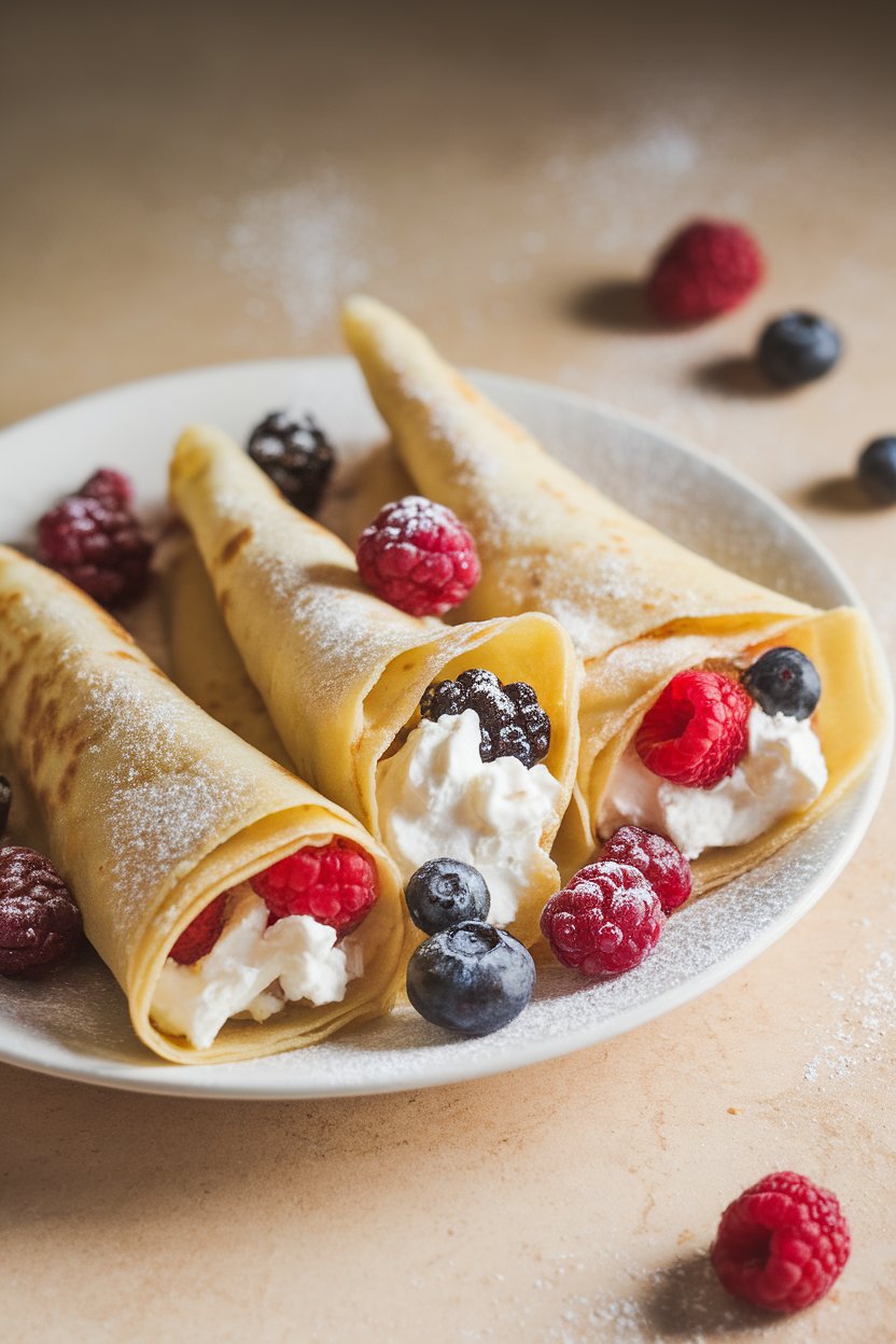 An indoor plate featuring folded crepes bursting with cottage cheese and mixed berries, light dusting of powdered sugar. No text or logos. Photo, not illustration.